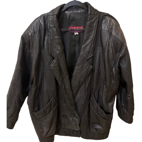 80s Vintage Black Patch Leather Coat Oversized Size Medium Y2K 90s Rare Find - Picture 1 of 11